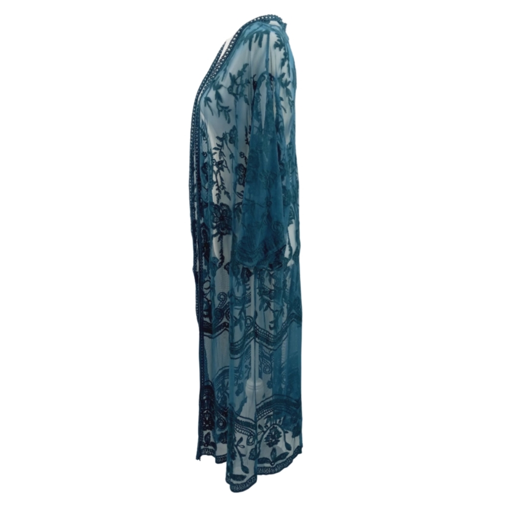 *SOLD* CRACKER BARREL Boho Chic Teal Floral Lace Mesh Kimono Duster Beach Cover - Picture 4 of 12